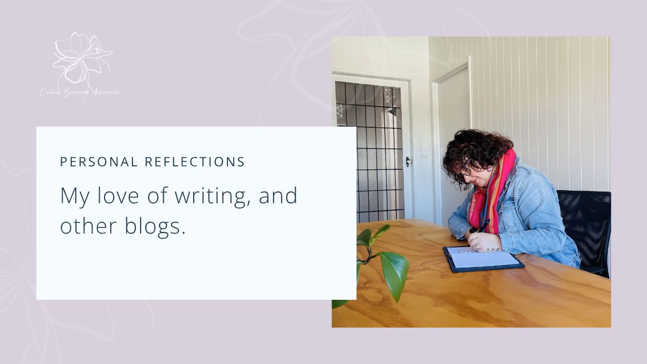words: Blogging - my love of writing, and other blogs. Graphic: Celia Newlands writing at a desk in Sage Room Co-op