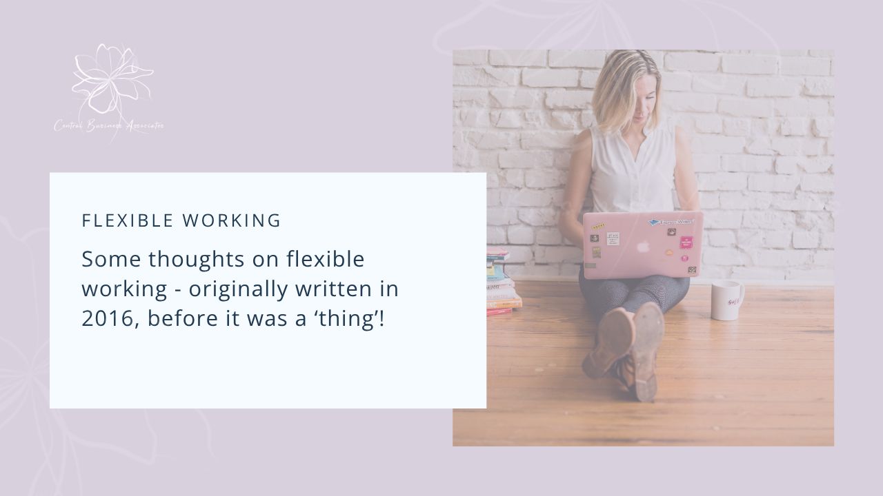words - Thoughts on flexible working. Graphic: woman sitting on floor with laptop, surrounded by books