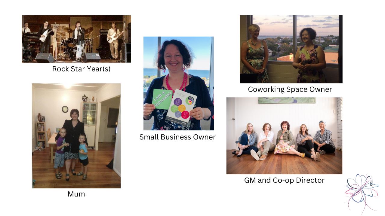 multipotentialite - showing images of the owner of Central Business Associates in many different roles over the years including singer in a band, coworking space owner and Mum