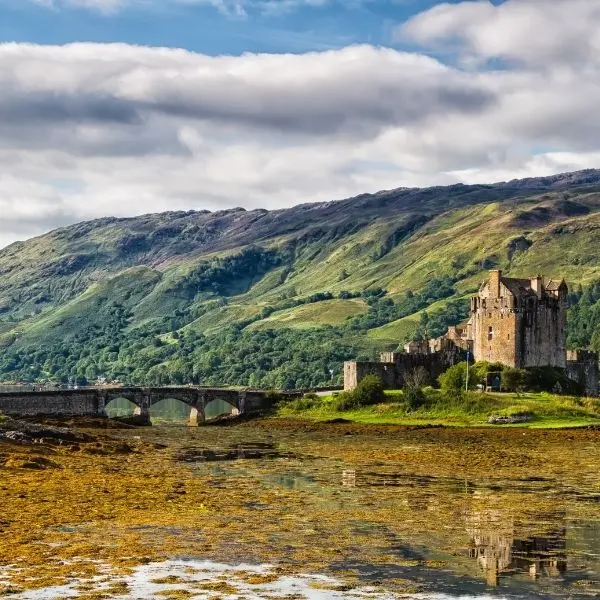 View of the river and hillside at Eilean Donan Castle, Dornie
